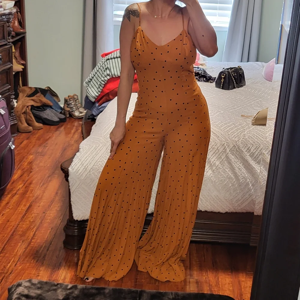 Free People Jamboree Jumpsuit Rust Combo Polka Dot Strappy Wide Leg xsmall - Picture 13 of 16